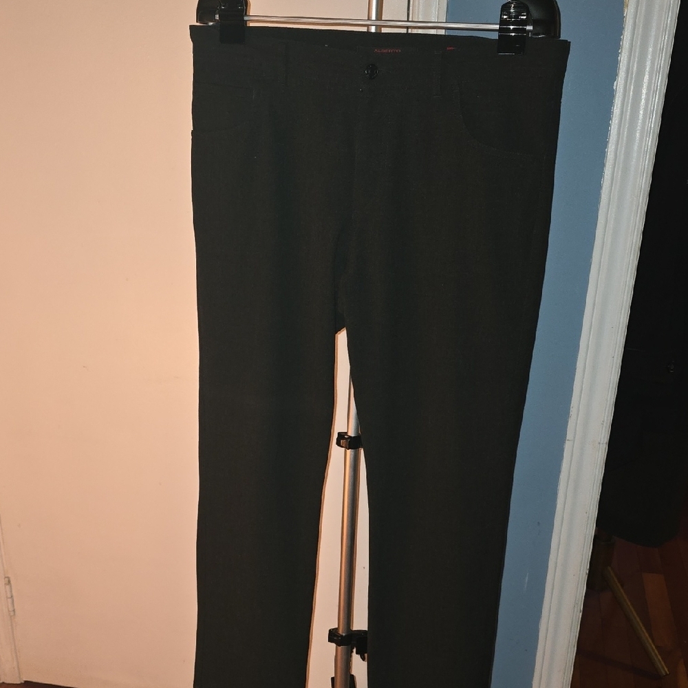 Mens Dark Grey Dress Pants with Textured Fabric and Creased Design